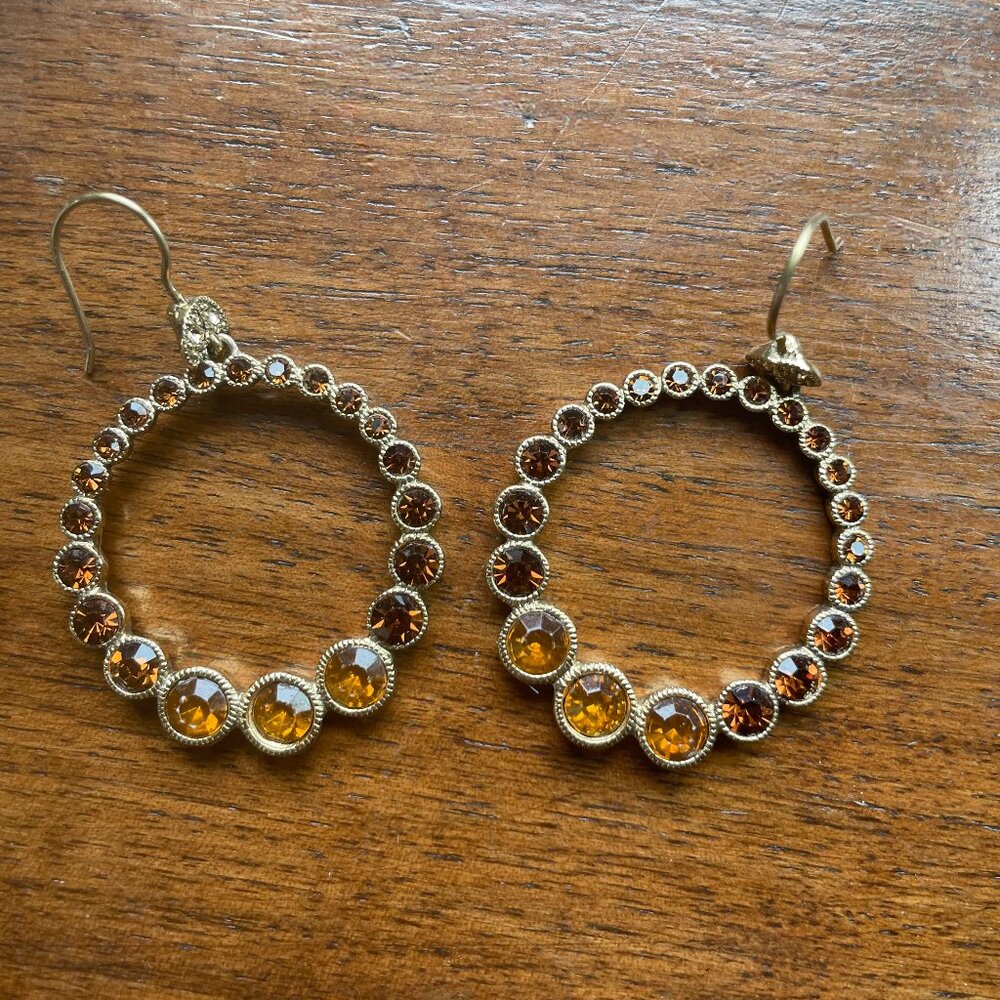 Vintage LC Liz Claiborne Gold Tone Amber Rhinestone Statement Hoop Earrings